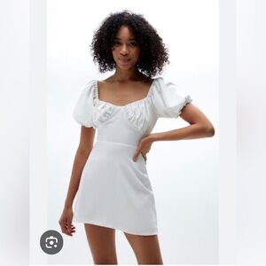 Peppermayo white linen-blend mini dress with puff sleeve